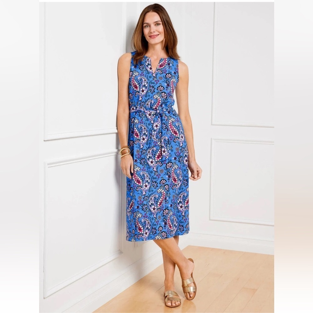 Talbots Seaside Paisley Tie waist Sleeveless Blue Jersey Midi Dress Size XLP